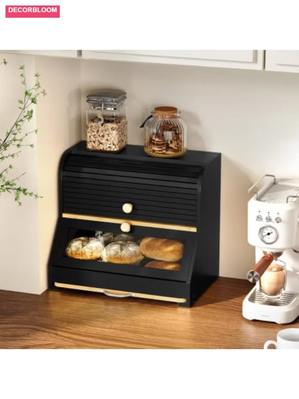 Roll Top Bamboo Bread Box with Removable Cutting Board, 2 Tier, Large Capacity